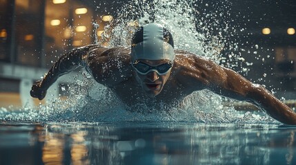 Competitive swimmer in a race performing a front crawl stroke in an indoor swimming pool, wearing goggles and swim cap, splashing water as they propel forward with determined focus and athletic effort