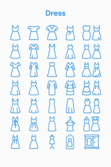 A collection of diverse dress designs illustrated as simple line icons.