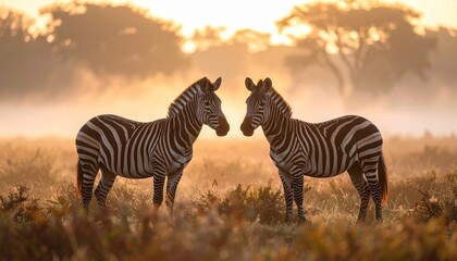 Dos cebras est&aacute;n una al lado de la otra en un campo brumoso, sus llamativas rayas blancas y negras contrastan maravillosamente con el suave bokeh del entorno natural; el enfoque n&iacute;tido resalta su cone