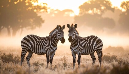 Dos cebras est&aacute;n una al lado de la otra en un campo brumoso, sus llamativas rayas blancas y negras contrastan maravillosamente con el suave bokeh del entorno natural; el enfoque n&iacute;tido resalta su cone