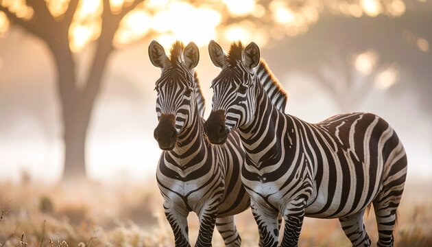 Dos cebras est&aacute;n una al lado de la otra en un campo brumoso, sus llamativas rayas blancas y negras contrastan maravillosamente con el suave bokeh del entorno natural; el enfoque n&iacute;tido resalta su cone