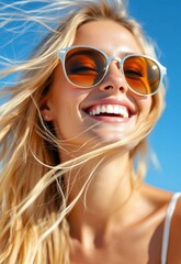 Close-up portrait of a happy smiling blonde woman in sunglasses on a sunny day.