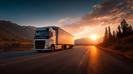Obraz premium Large Transportation Truck on a highway road through the countryside in a beautiful sunset