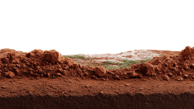 Red Soil Cross Section: A detailed cross-section of rich, red soil, revealing its layered texture and subtle variations in color and composition, against a bright background.
