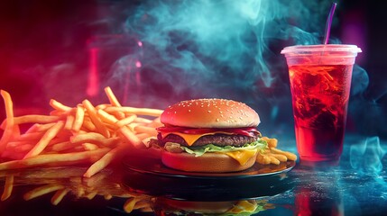 Fast food with bold background, high-contrast colors, dynamic composition,