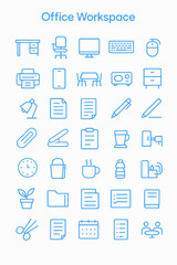 Fototapeta premium A collection of outlined office workspace icons, including desk, chair, computer, and other common office supplies.