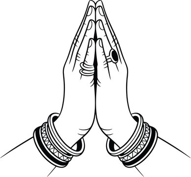 A black and white line art illustration of two hands clasped in prayer.