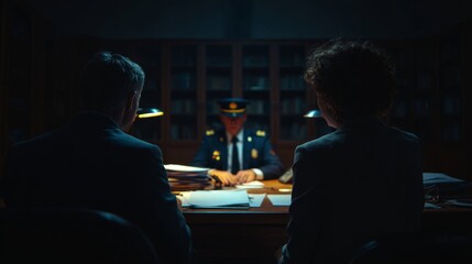 Fototapeta premium Late-night legal consultation in a public office, a professional lawyer and his client sit side by side, facing a man in uniform behind a desk. Papers and folders on the table