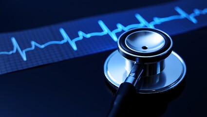 Stethoscope and Heart Rhythm on Dark Surface, Medical Examination Close-Up with EKG