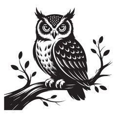 Stylized black and white illustration of a wise owl perched on a tree branch with leaves against a white background