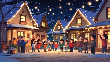 Obraz premium Festive winter celebration shows happy families with sparklers in a snow covered village with illuminated houses and a night sky.