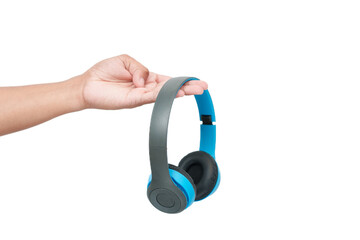 Hand Holding Blue Wireless Headphones