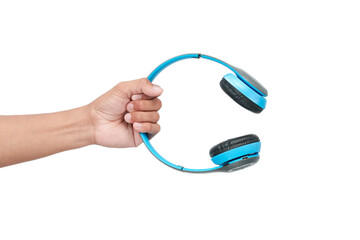 Hand Holding Blue Wireless Headphones