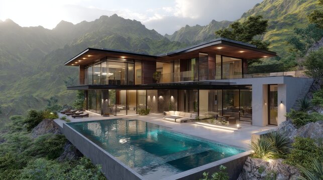Luxurious Modern Villa Overlooking Lush Green Mountains and Pool