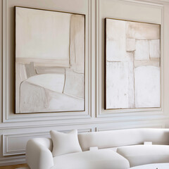 Minimalist luxury living room with white abstract textured paintings and a modern curved white sofa.