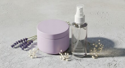 Light purple cosmetic jar and clear spray bottle with lavender and dried flowers, perfect for natural beauty and wellness concept