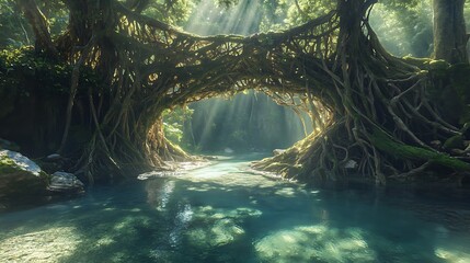 A mesmerizing living roots bridge in a dense tropical rainforest, where thick tree roots form intricate patterns above a crystal-clear stream, casting dappled sunlight onto the water below. 
