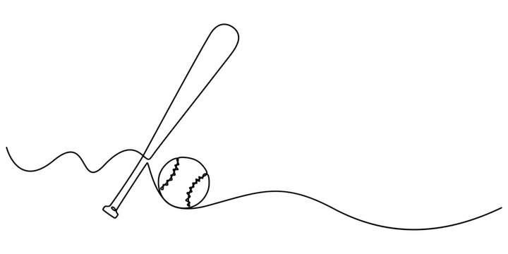 Continuous one line drawing of baseball bat and the ball. Simple Baseball bat line art vector illustration, Baseball bat and baseball ball icon in thin line style, white background editable stroke. 