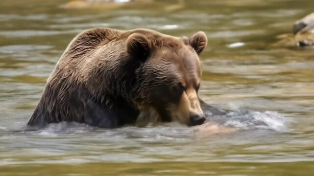 A brown bear is seen enjoying a cool bath in the river, playfully handling an orange object in the refreshing water, showcasing animal antics.