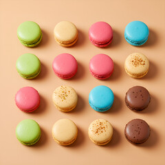 Obraz premium Artistic isometric layout of colorful macarons on pastel backdrop. Ideal for bakery branding, confectionery visuals, and graphic design projects.