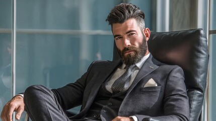 male with well-groomed beard in charcoal grey formal suit and silk tie, reclining slightly in a sleek modern boss chair, premium office background with subtle glass and metal accents