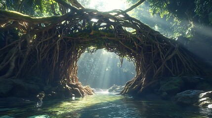 A mesmerizing living roots bridge in a dense tropical rainforest, where thick tree r