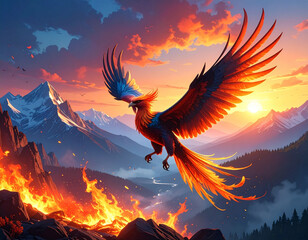 A phoenix rising from a fiery landscape embodies themes of rebirth and power 4K wallp 