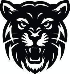 Vector art of a fierce black and white illustration of a roaring panthers head, detailed and graphic