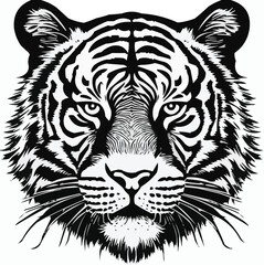 Vector art of a striking black and white illustration of a tigers detailed face