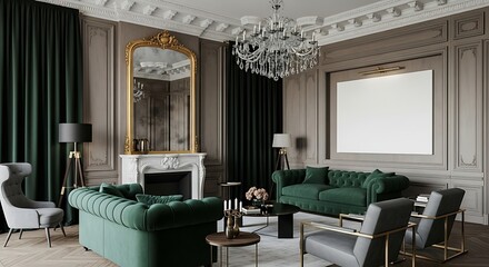 Elegant living room interior with green velvet sofas and ornate details reflects luxury