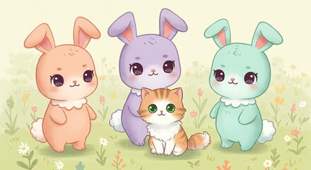Naklejka premium 水彩タッチの可愛いウサギと猫