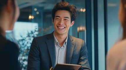 consultation scene in a modern office setting. A young Japanese businessman in a well-fitted suit is smiling warmly and explaining something using a tablet device