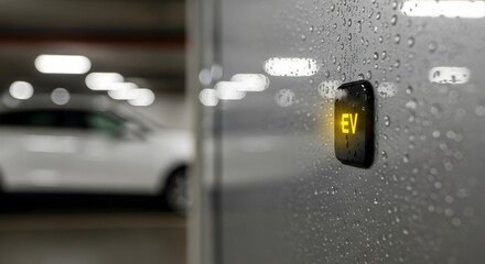 Obraz premium Electric vehicle charging station with a glowing symbol and blurred background of a car parked in a modern garage environment. Raindrops on the wall enhance the mood.