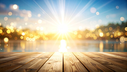sunrise over the lake with wooden boardwalk deck and bokeh background