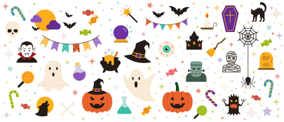Halloween element set. Design for web banner, scrapbook, greeting card, invitation, poster, template, tag, stickers and party clipart. Vector illustration.