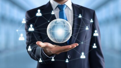 Businessman holding glowing globe with network connections. Global connectivity concept with futuristic tech overlay. Professional in suit showcasing organizational structure.