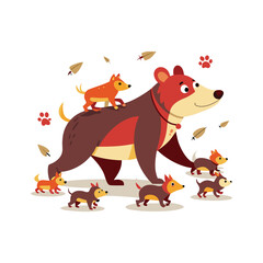 Chaotic bear walking five tiny dogs tangled leash vector illustration, humorous pet chaos, wild animal with small dogs, playful vector art, funny pet walking scene