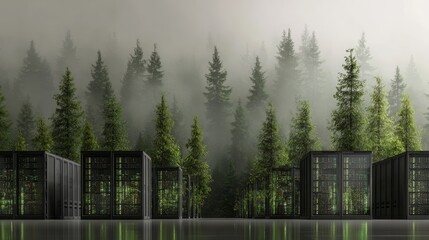 Modern data center with green forest background