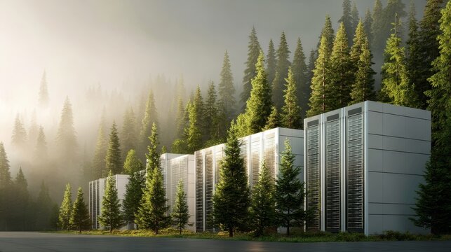 Modern data center with green forest background