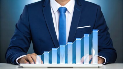 Business professional analyzing growth with 3D bar graph overlay. Modern office scene with digital data visualization. Suited individual working on laptop with progress chart.