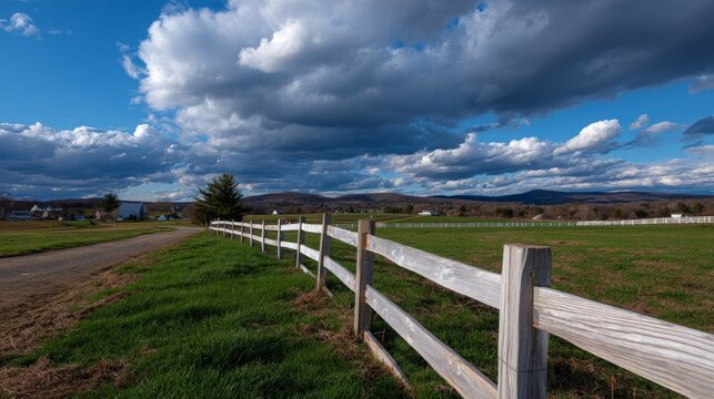 Rural landscape with wooden fence and dramatic clouds over green fields