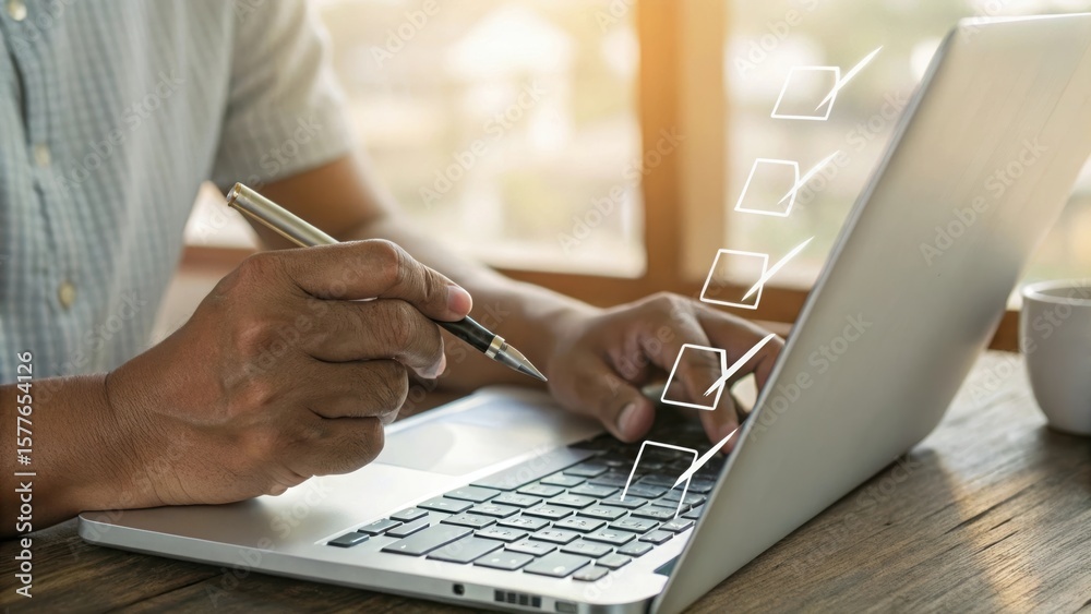 Poster Hand interacting with laptop and digital checkboxes for productivity. Modern office workflow with futuristic task management. Pen hovering over keyboard with organized checkmarks.