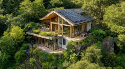 Modern eco-friendly home with solar panels and sustainable design in a lush green setting