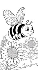 線描のハチとひまわり