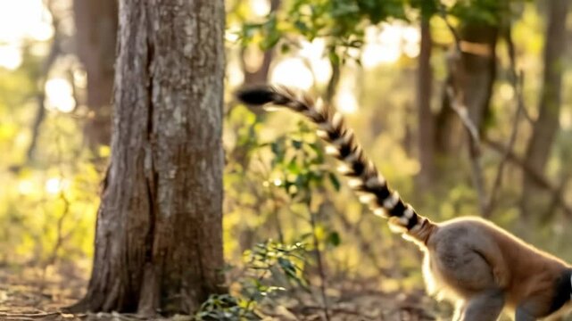 A ring-tailed lemur leaps from a tree in the forest, showcasing its unique locomotion and wild nature. This shot captures a moment of wildlife in action.