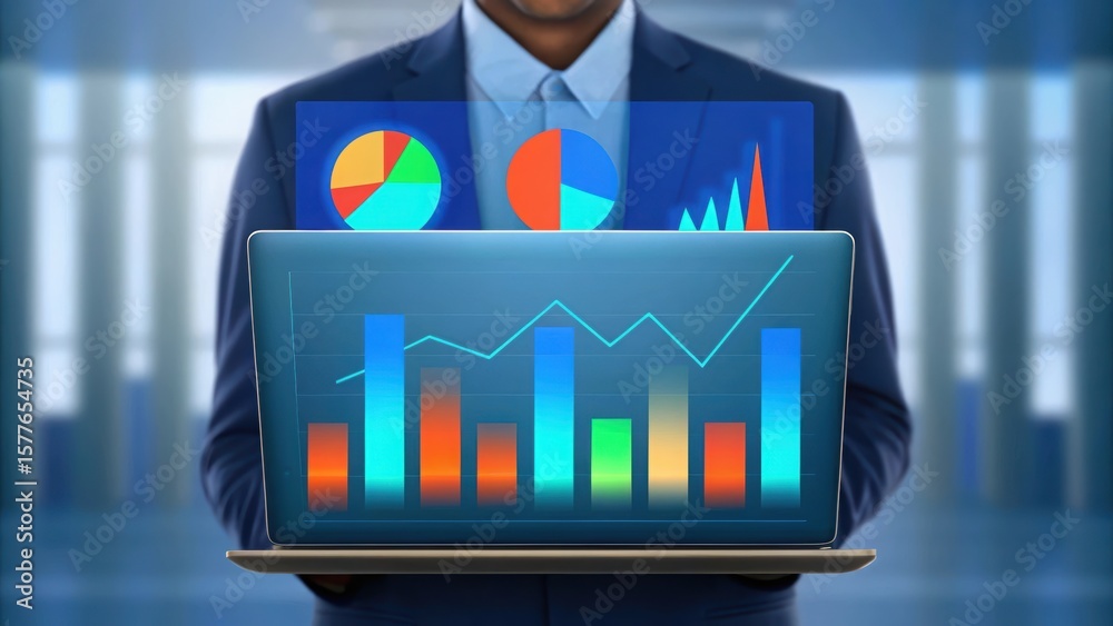 Poster futuristic data analysis with colorful graphs on laptop screen. business professional interacting wi