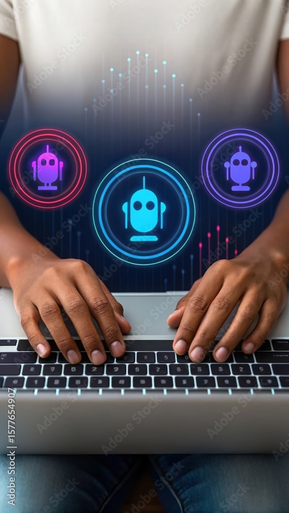 Poster person typing on laptop with ai graphics. futuristic digital workspace with data visualization. mode
