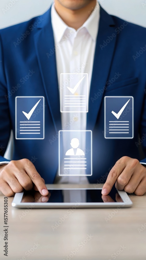 Poster business professional using digital interface. futuristic office with floating checkmark and profile