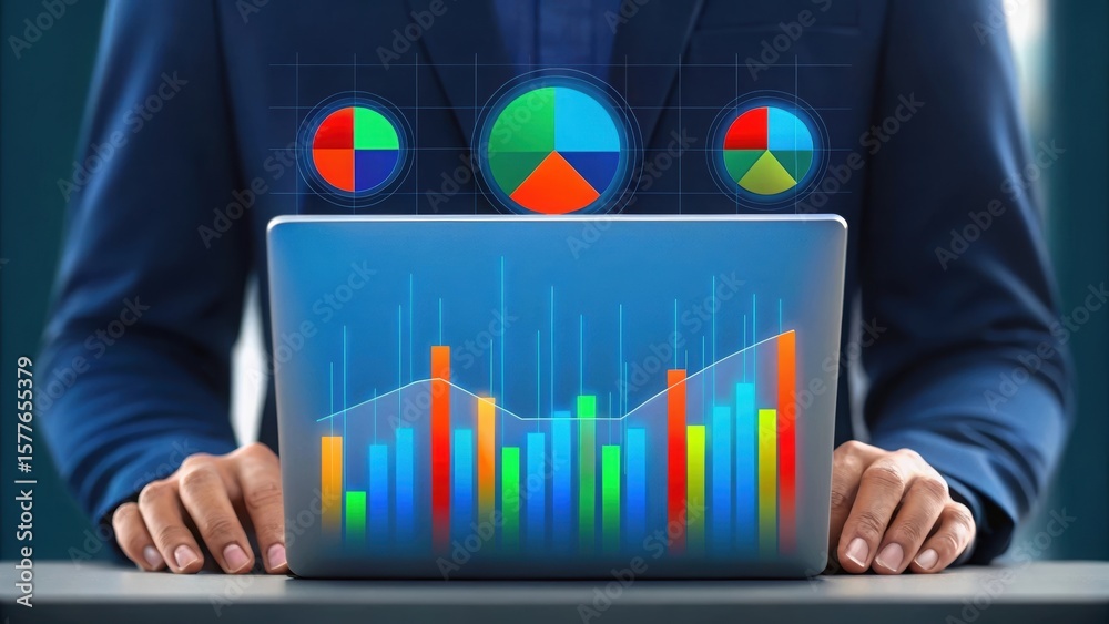Poster hands interacting with data visualizations on laptop. futuristic business analytics with colorful gr