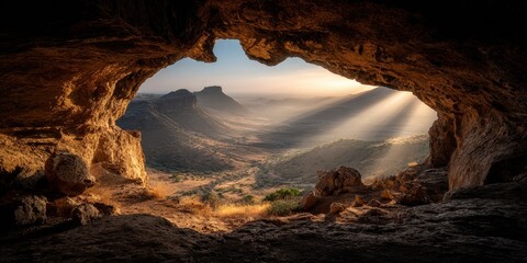 Sunlight beams shine into a cave, illuminating the vista over a mountain valley